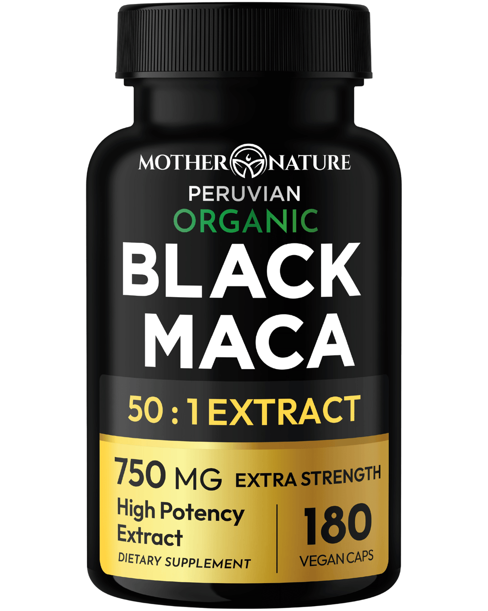 Organic Black Maca Capsules Extra Strength 180 count bottle — 50:1 extract 750mg vegan — Mother Nature Organics