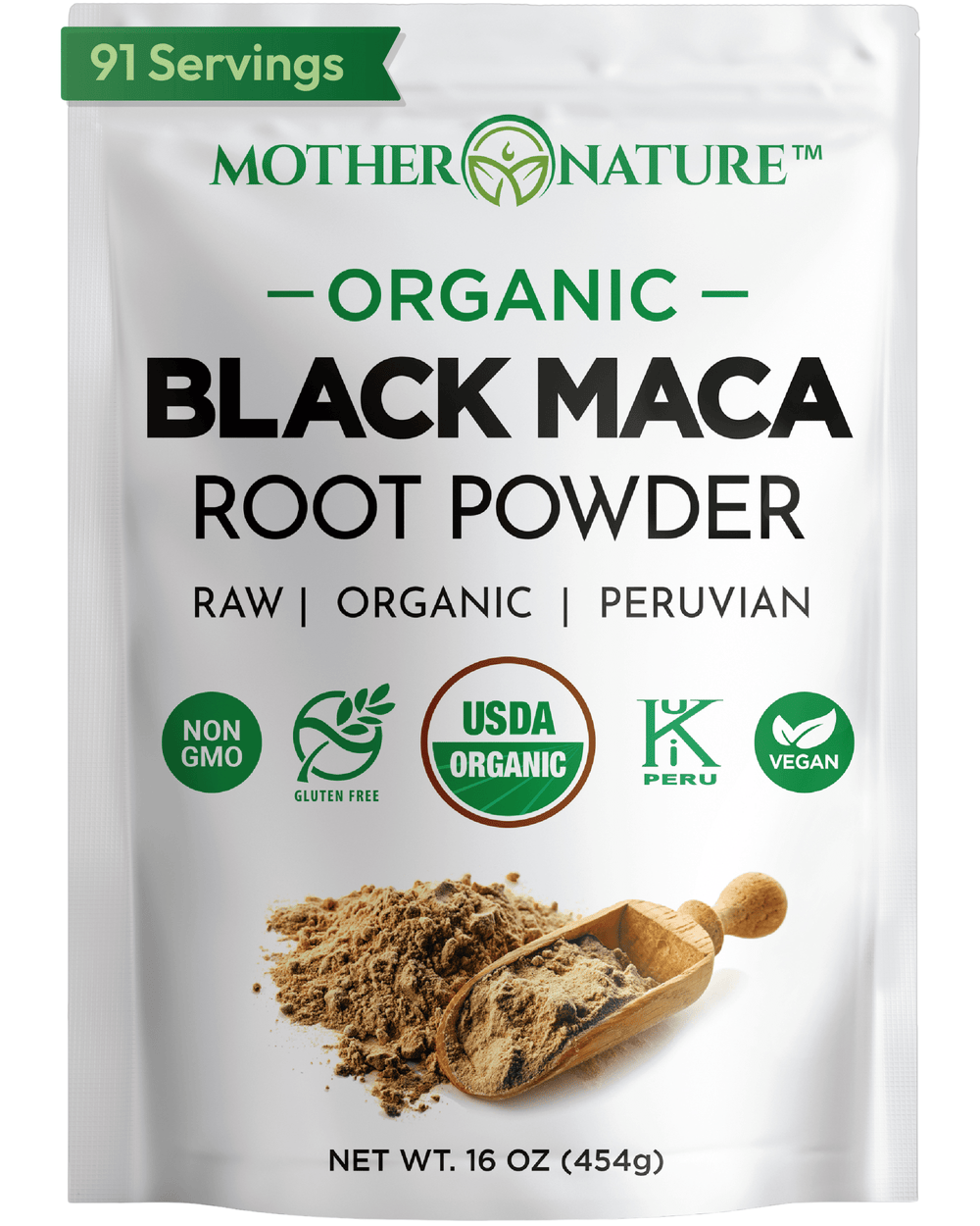 Organic Black Maca Powder bag — RAW Peruvian USDA Organic 16 oz 91 servings — Mother Nature Organics