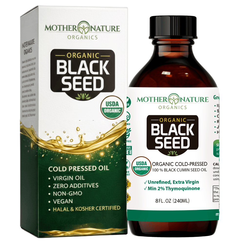 Organic Black Seed Oil Cold Pressed 8 fl oz amber glass bottle — cold-pressed Nigella sativa liquid