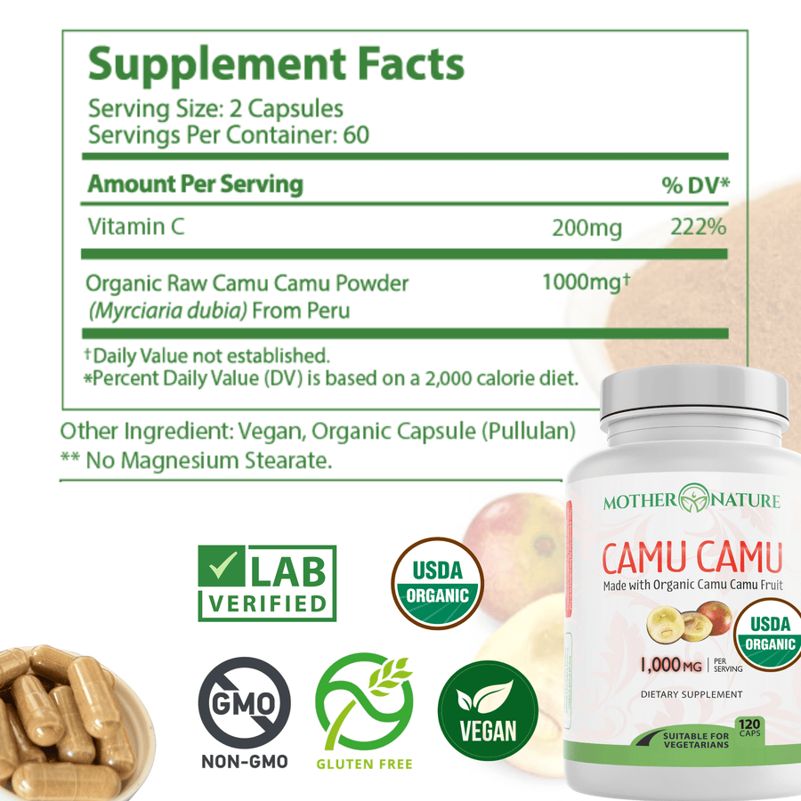 Supplement Facts for Organic Camu Camu Capsules: serving size 2 capsules, 200 mg vitamin C (222% DV), 1000 mg organic camu camu powder