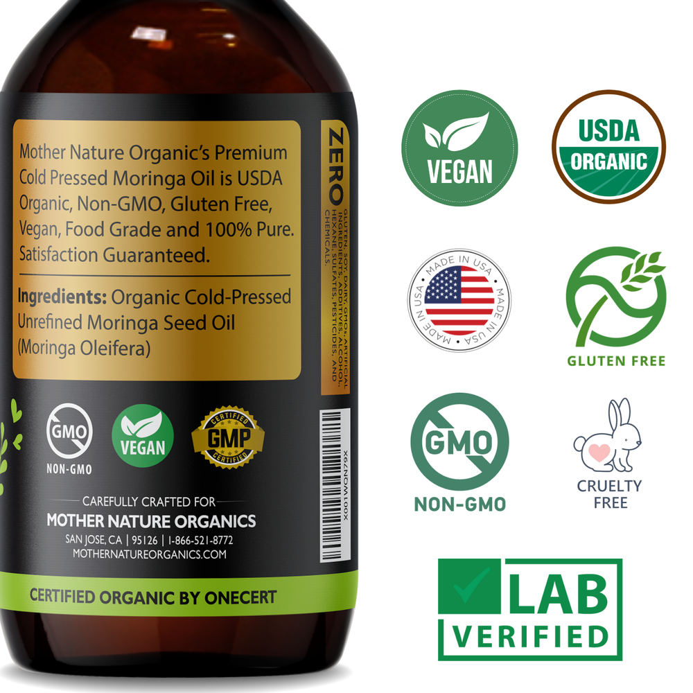 Organic Moringa Oil label ingredients — cold-pressed unrefined Moringa oleifera with vegan non-GMO USDA Organic seals