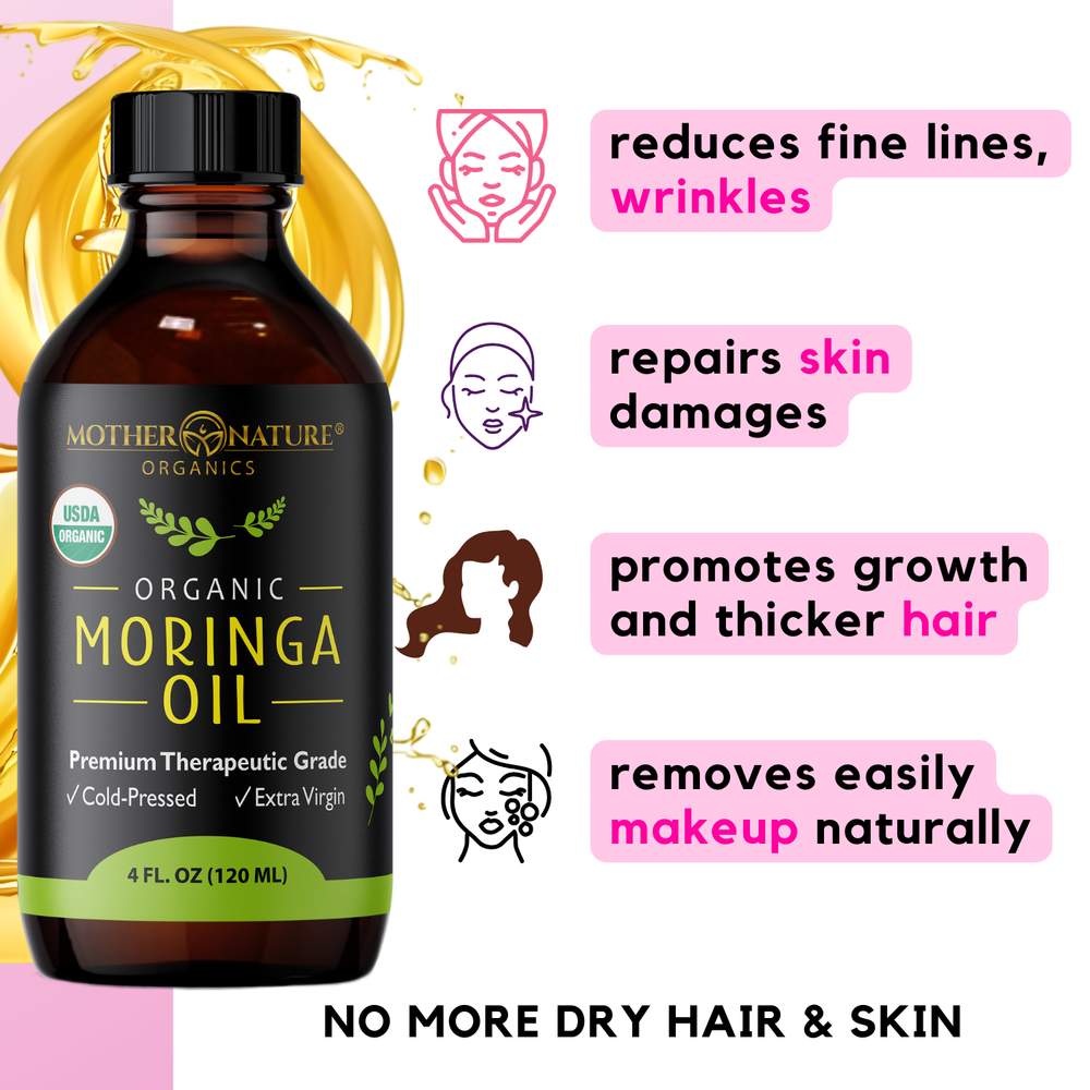Organic Moringa Oil packaging and bottle — Premium Therapeutic Grade cold-pressed 4 fl oz