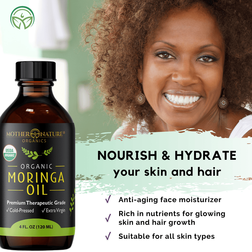 Organic Moringa Oil face and body glow lifestyle — USDA Organic extra virgin bottle