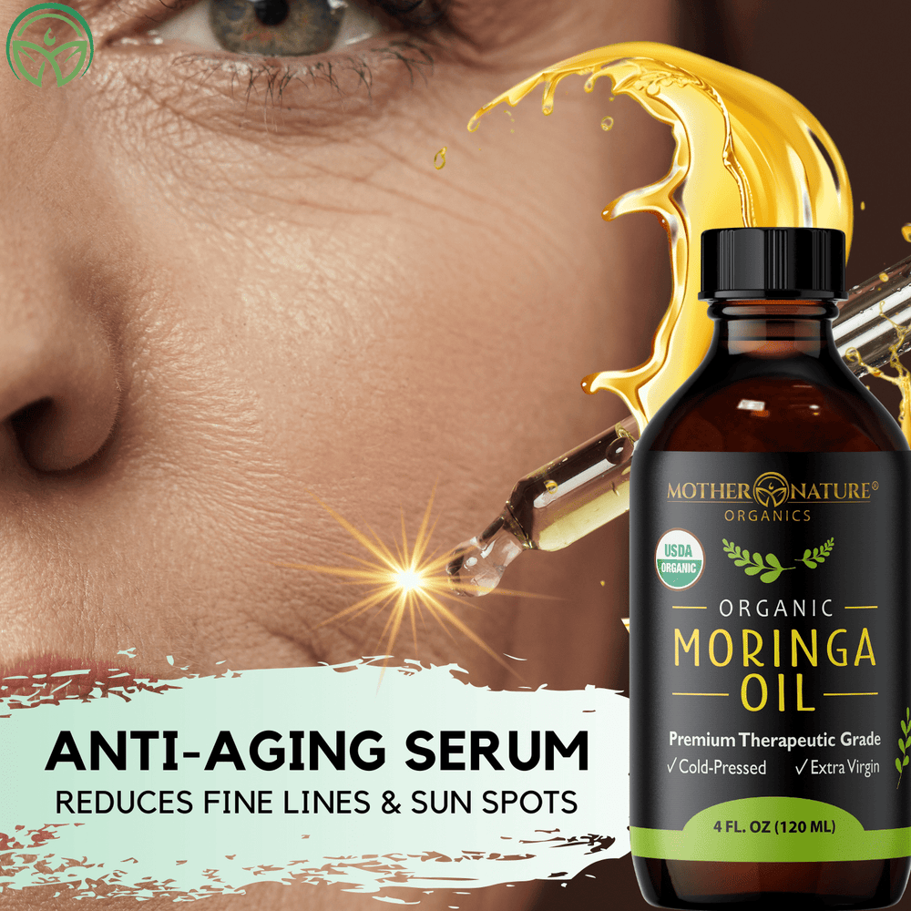 Organic Moringa Oil bottle lifestyle — skin glow and hydration beauty oil 4 fl oz
