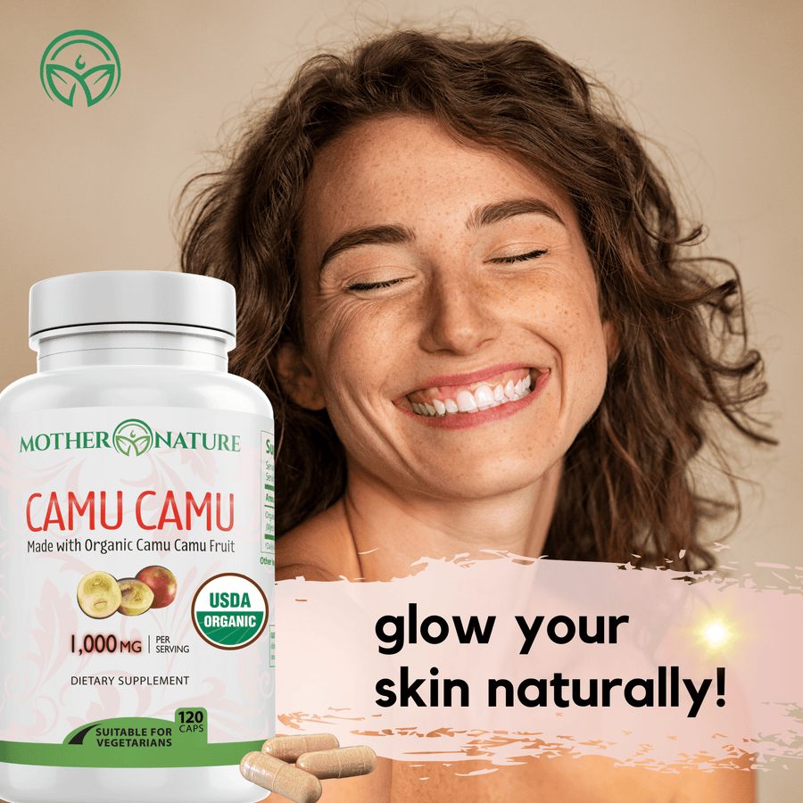 Smiling woman with curly hair and two bottles of Organic Camu Camu Capsules