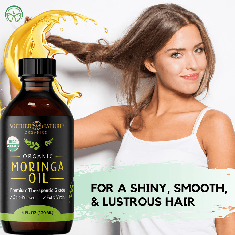Organic Moringa Oil for shiny smooth lustrous hair — woman with 4 fl oz cold-pressed bottle