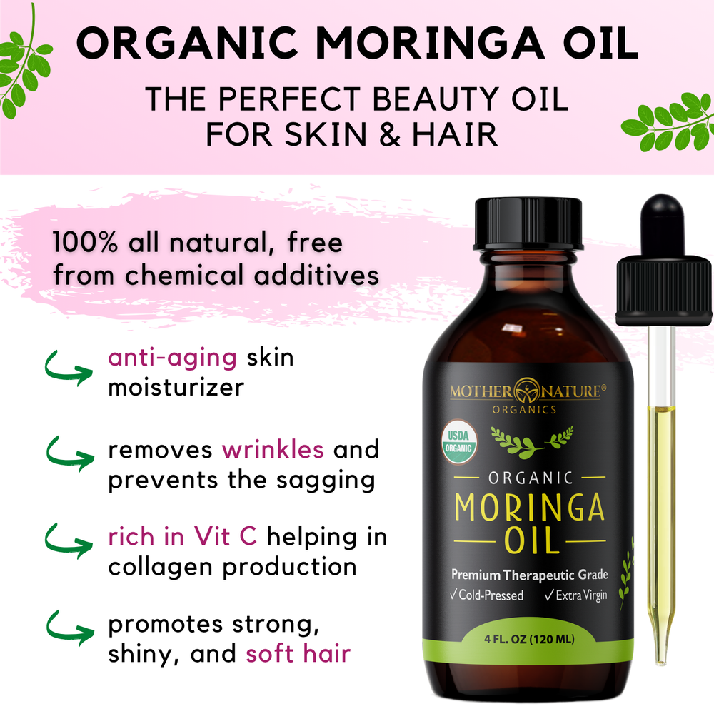 Organic Moringa Oil infographic — beauty oil for skin and hair cold-pressed extra virgin
