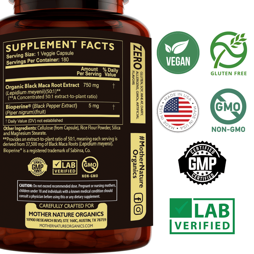 Organic Black Maca Capsules Supplement Facts — 750mg 50:1 extract + BioPerine 5mg