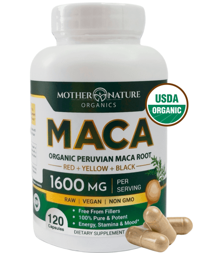 USDA Organic Maca Root Capsules 1600mg red yellow black — 120 count Mother Nature Organics - Mother Nature Organics