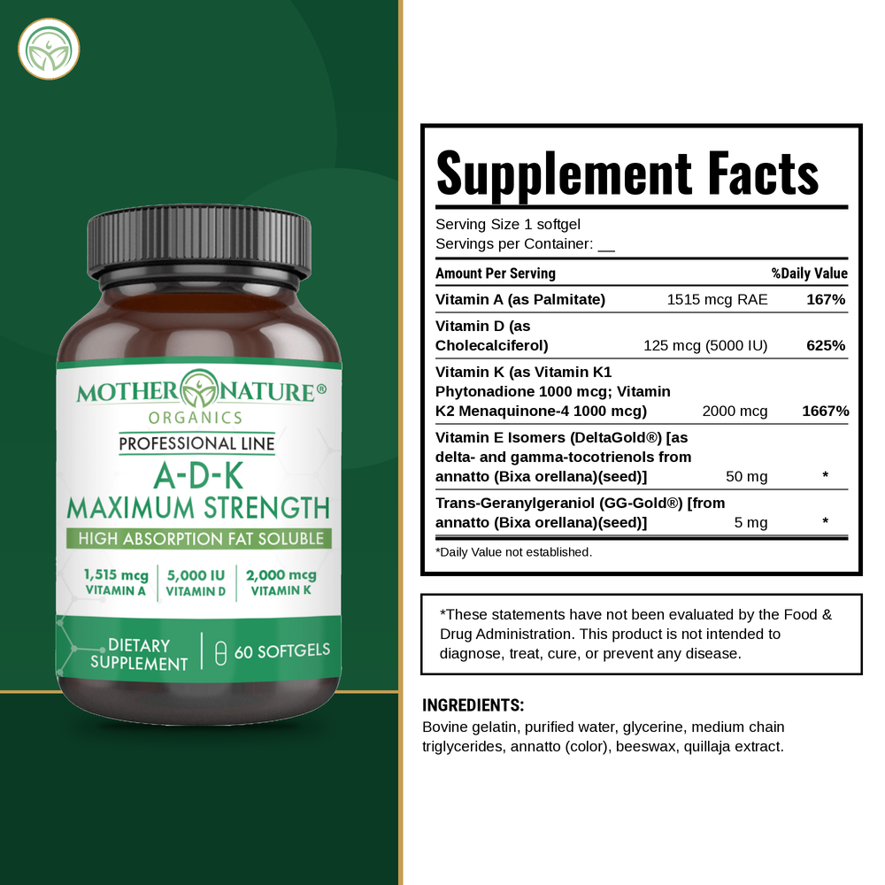 Supplement Facts panel for Mother Nature Organics ADK Evail