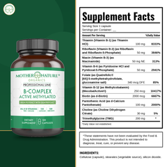 Supplement Facts panel for Mother Nature Organics B-Complex High Potency with Quatrefolic