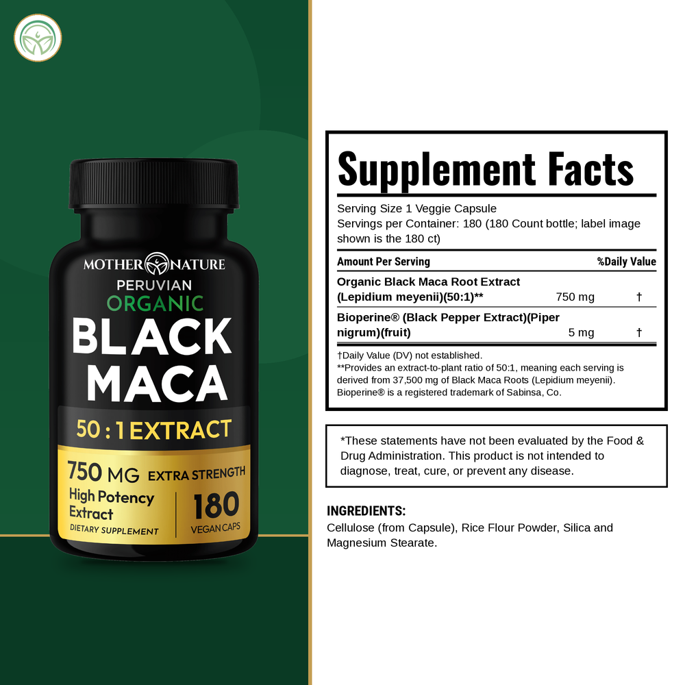 Supplement Facts panel for Mother Nature Organics Organic Black Maca Capsules