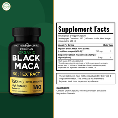 Supplement Facts panel for Mother Nature Organics Organic Black Maca Capsules