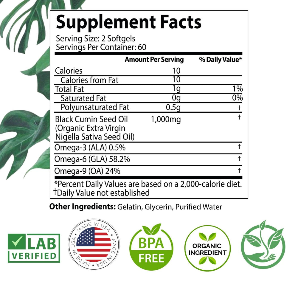 Organic black seed oil capsules Supplement Facts label — 1000mg per serving 120 softgels