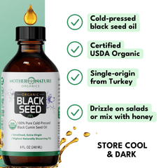 Mother Nature Organics Organic Black Seed Oil 8 fl oz bottle: cold-pressed, USDA Organic, single-origin from Turkey