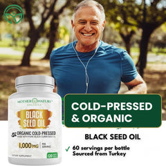 Man outdoors with Mother Nature Organics Black Seed Oil Softgels 1000 mg, cold-pressed and organic, sourced from Turkey