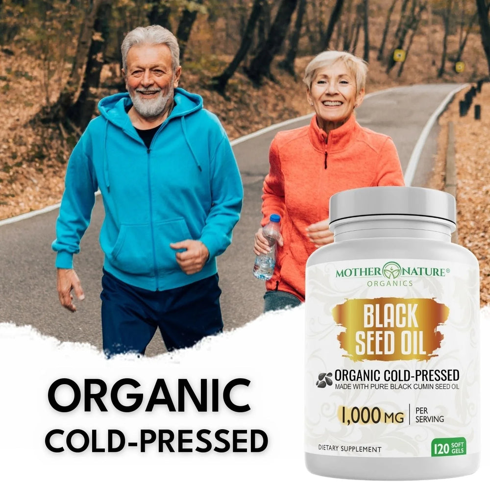 Couple walking outdoors with Mother Nature Organics Organic Cold-Pressed Black Seed Oil Softgels 1000 mg