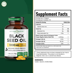 Supplement Facts panel for Mother Nature Organics Organic Black Seed Oil Capsules 1000mg