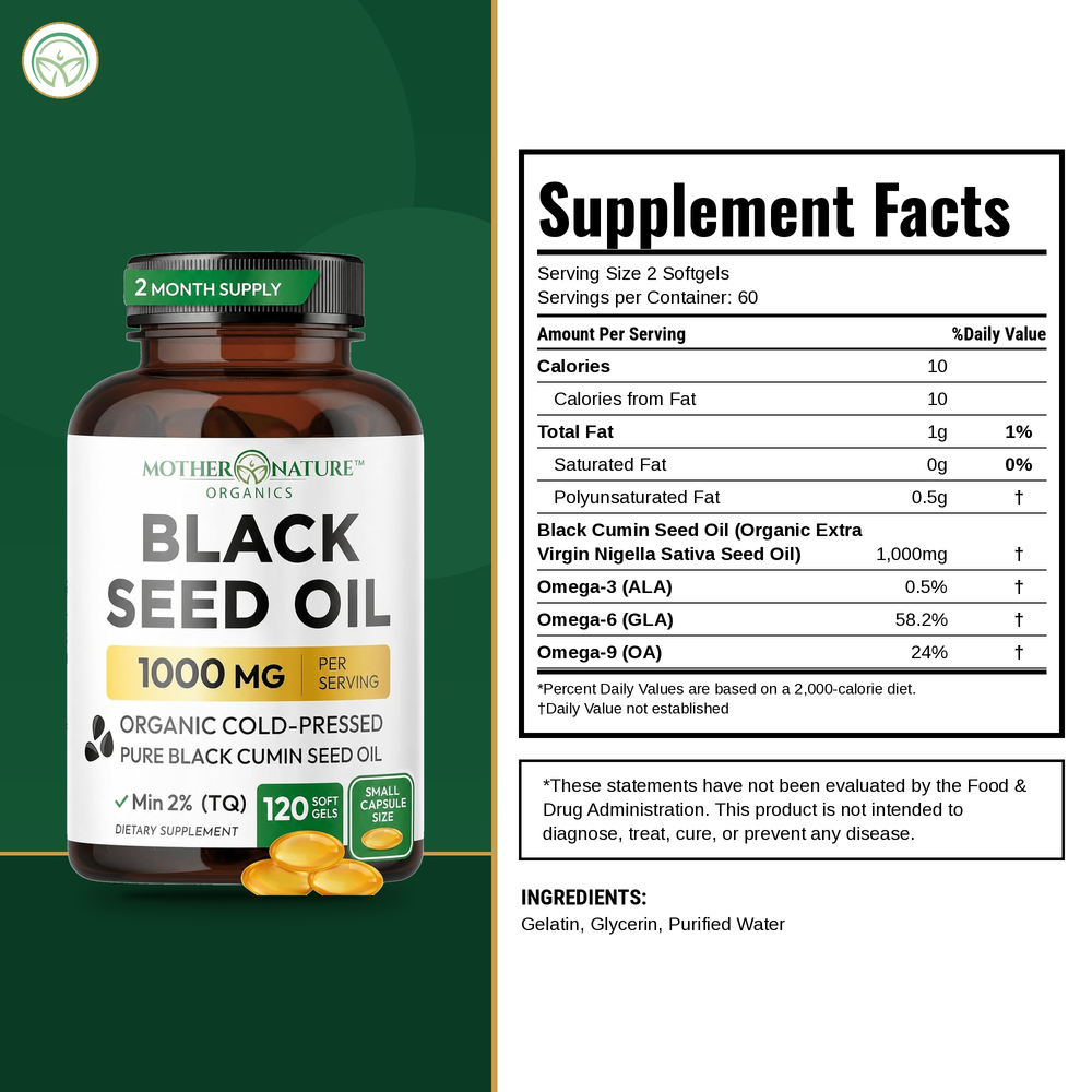 Supplement Facts panel for Mother Nature Organics Organic Black Seed Oil Capsules 1000mg