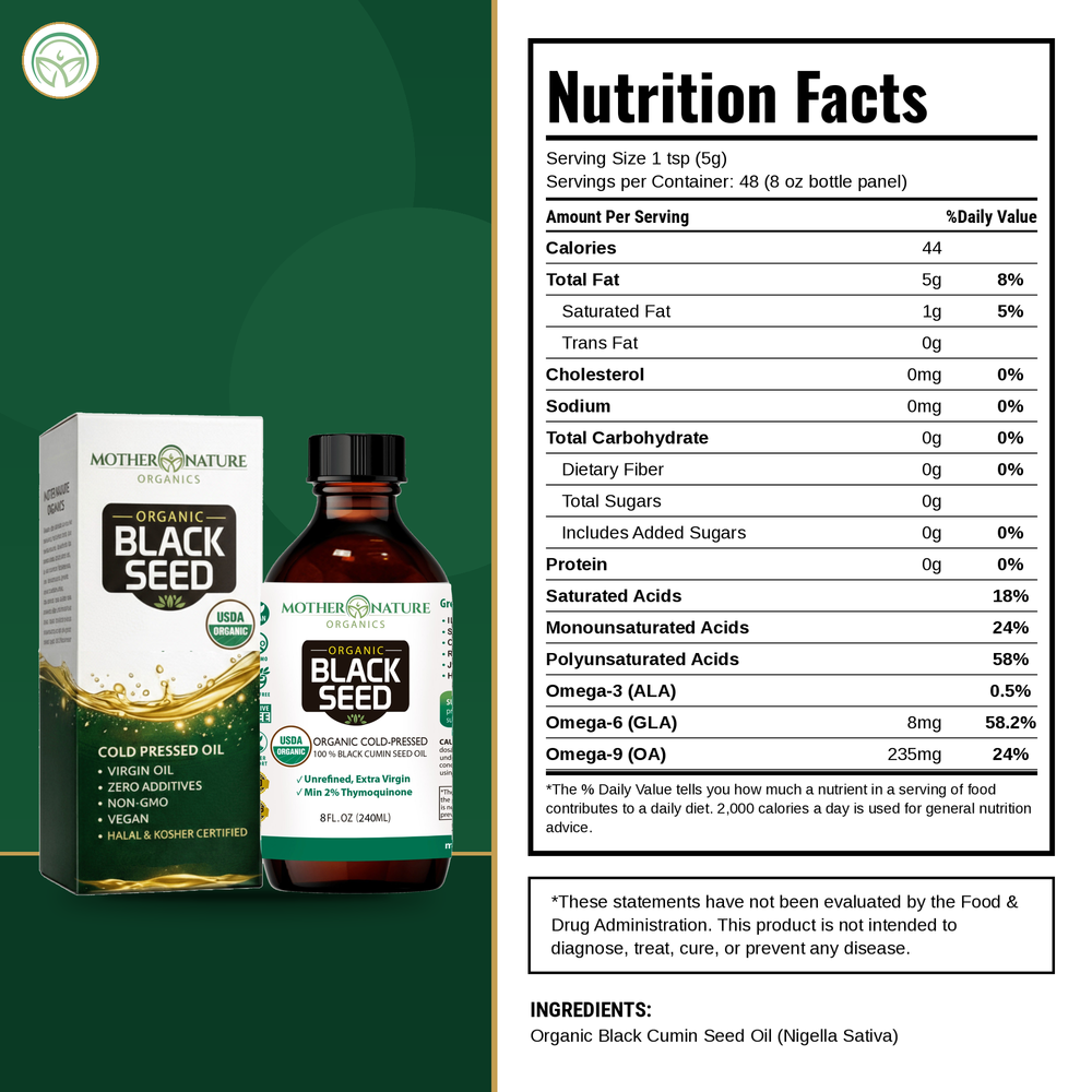 Supplement Facts panel for Mother Nature Organics Organic Black Seed Oil Cold Pressed