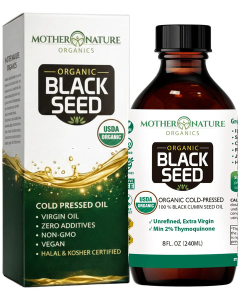 Organic Black Seed Oil Cold Pressed 8 oz bottle and box — USDA Organic Min 2% TQ — Mother Nature Organics