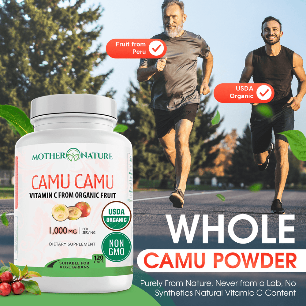 Two men running outdoors with Mother Nature Organics Camu Camu capsules, whole camu powder