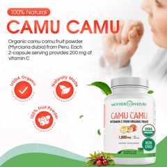Mother Nature Organics Camu Camu capsules: organic camu camu fruit powder from Peru