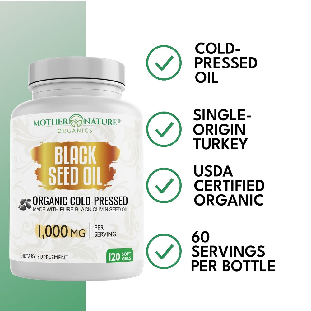 Mother Nature Organics Black Seed Oil Softgels 1000 mg: cold-pressed, single-origin Turkey, USDA Organic, 60 servings per bottle