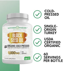 Mother Nature Organics Black Seed Oil Softgels 1000 mg: cold-pressed, single-origin Turkey, USDA Organic, 60 servings per bottle