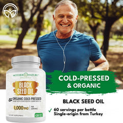 Man outdoors with Mother Nature Organics Black Seed Oil Softgels 1000 mg, cold-pressed and organic, single-origin from Turkey