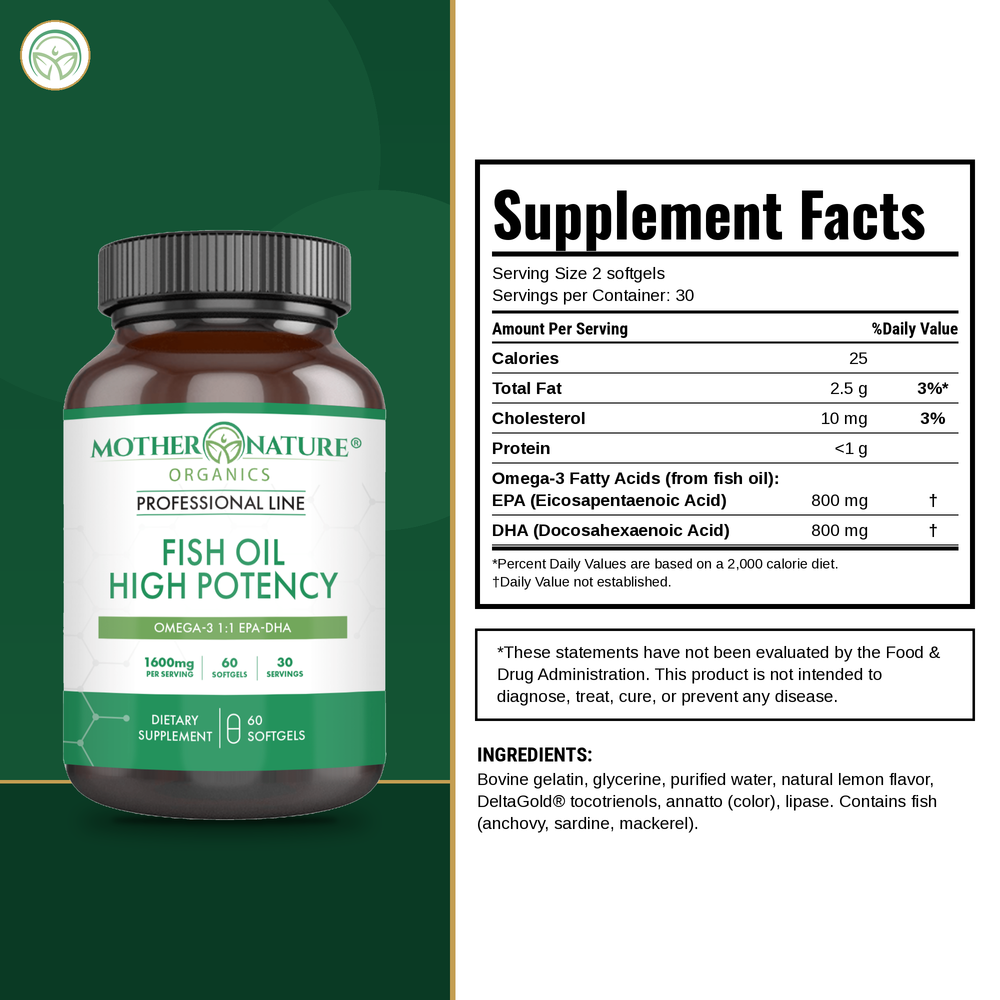 Supplement Facts panel for Mother Nature Organics Fish Oil High Potency Omega-3