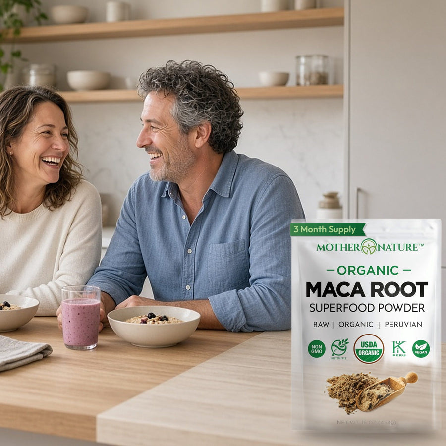 Couple enjoying breakfast at a kitchen table with Mother Nature Organics organic maca powder