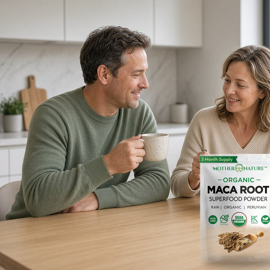Couple sharing coffee at a kitchen table with a bag of Mother Nature Organics organic maca powder