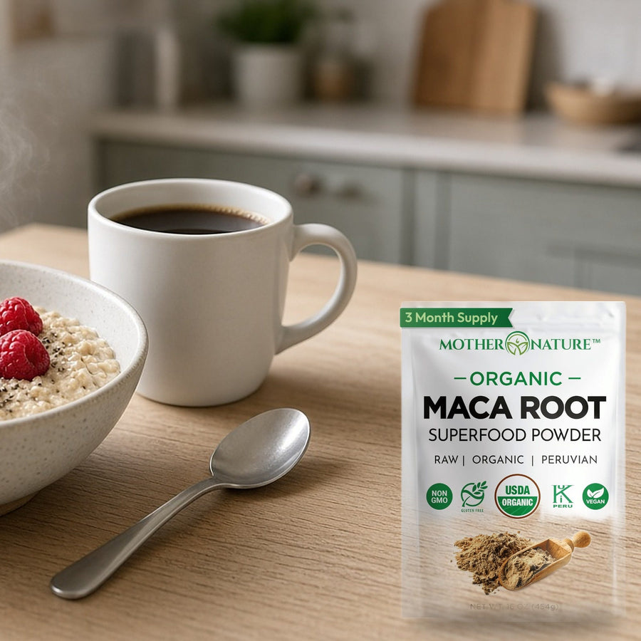 Oatmeal with raspberries and a cup of coffee beside a bag of Mother Nature Organics organic maca powder