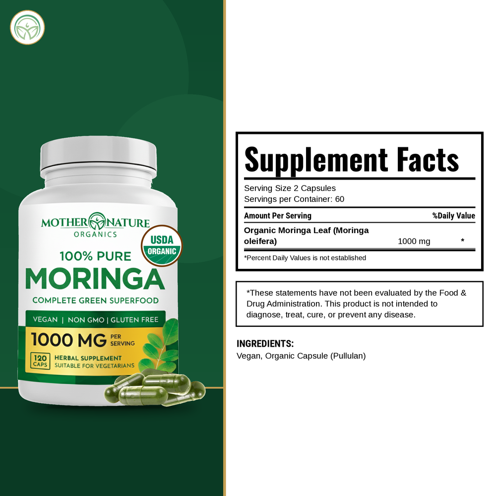 Supplement Facts panel for Mother Nature Organics Organic Moringa Capsules (120 Count)