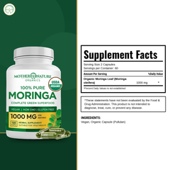Supplement Facts panel for Mother Nature Organics Organic Moringa Capsules (120 Count)