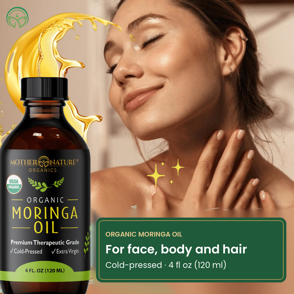 Woman with a bottle of moringa oil for face, body and hair