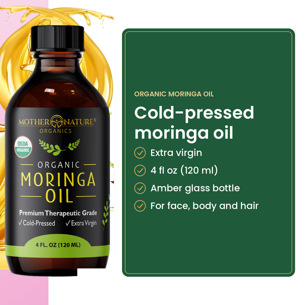 Cold-pressed moringa oil, extra virgin, 4 fl oz amber glass bottle