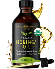 Organic Moringa Oil 4 fl oz amber bottle with dropper — USDA Organic cold-pressed extra virgin — Mother Nature Organics