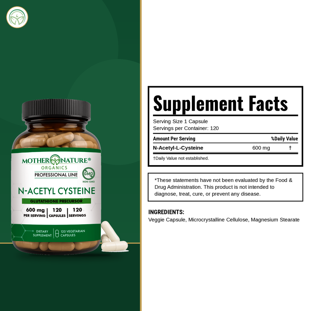 Supplement Facts panel for Mother Nature Organics NAC Capsules