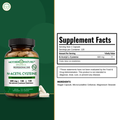 Supplement Facts panel for Mother Nature Organics NAC Capsules