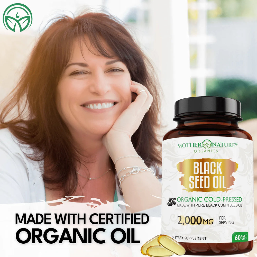 Woman smiling with Mother Nature Organics Black Seed Oil Softgels 2000 mg