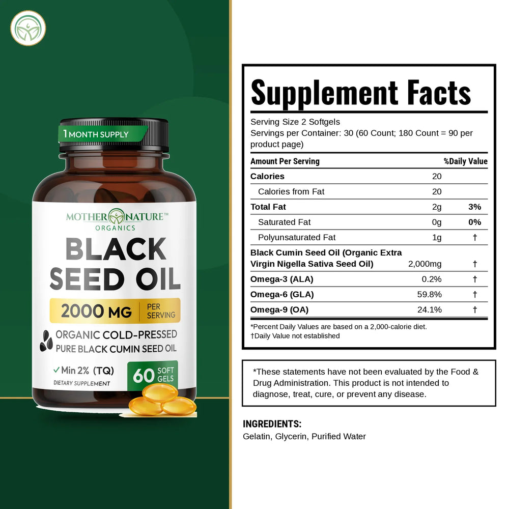 Supplement Facts panel for Mother Nature Organics Organic Black Seed Oil Capsules 2000mg