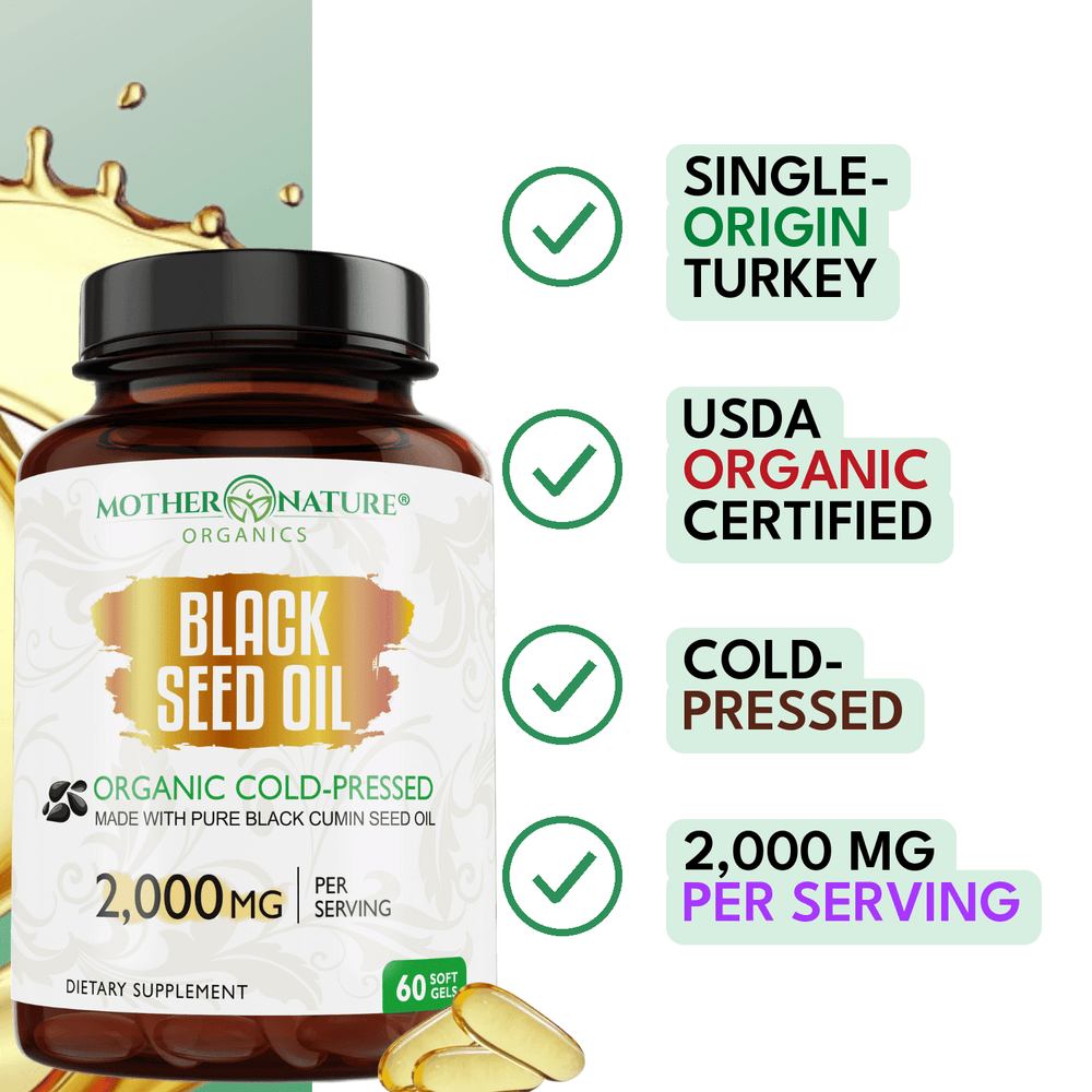 Mother Nature Organics Black Seed Oil Capsules 2000 mg: single-origin Turkey, USDA Organic, cold-pressed, 2,000 mg per serving