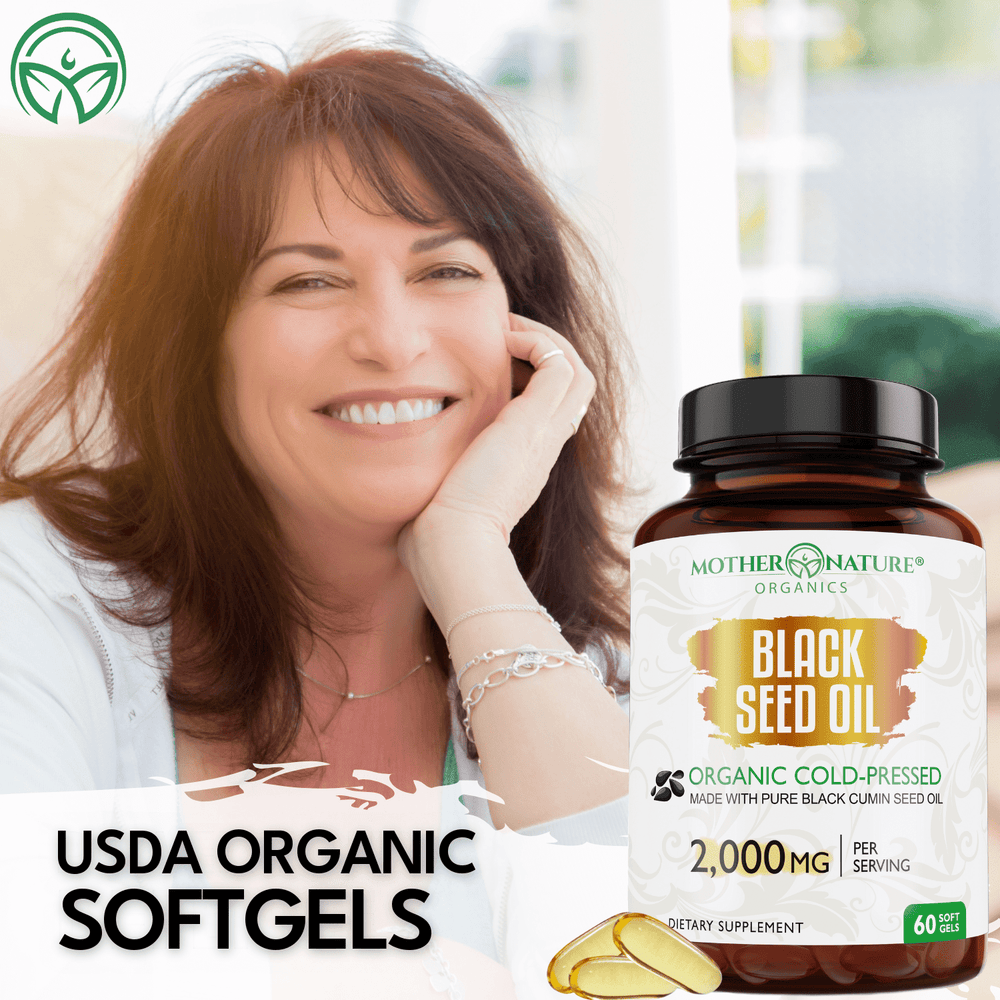 Woman smiling with Mother Nature Organics USDA Organic Black Seed Oil Softgels 2000 mg