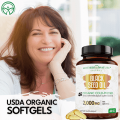 Woman smiling with Mother Nature Organics USDA Organic Black Seed Oil Softgels 2000 mg