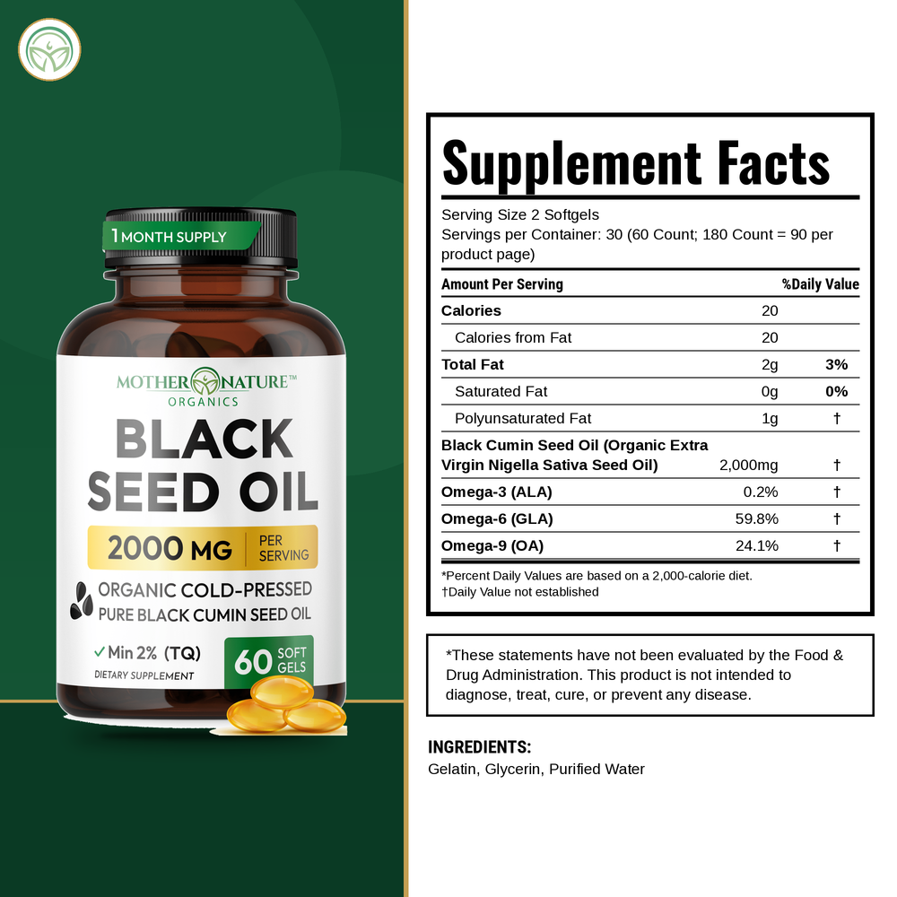 Supplement Facts panel for Mother Nature Organics Organic Black Seed Oil Capsules 2000mg