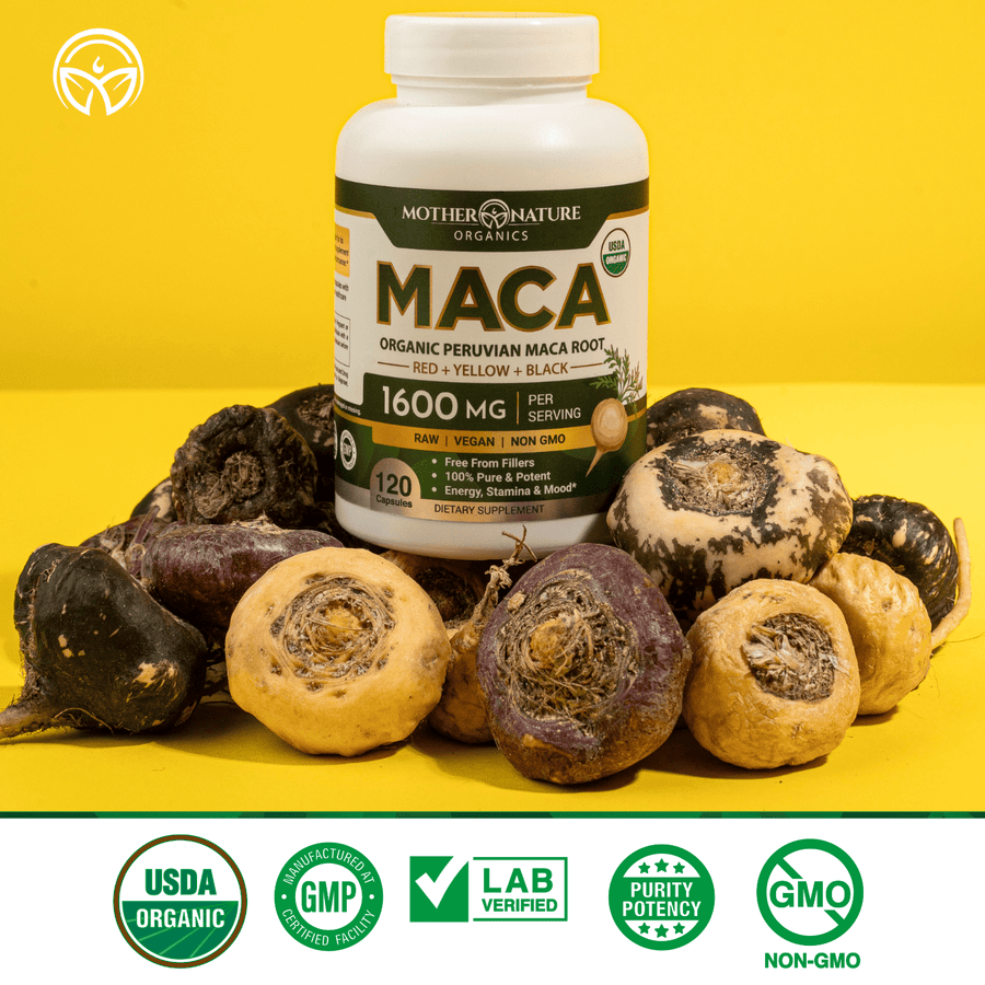 Bottle of Mother Nature Organics Maca Root Capsules with whole raw maca roots