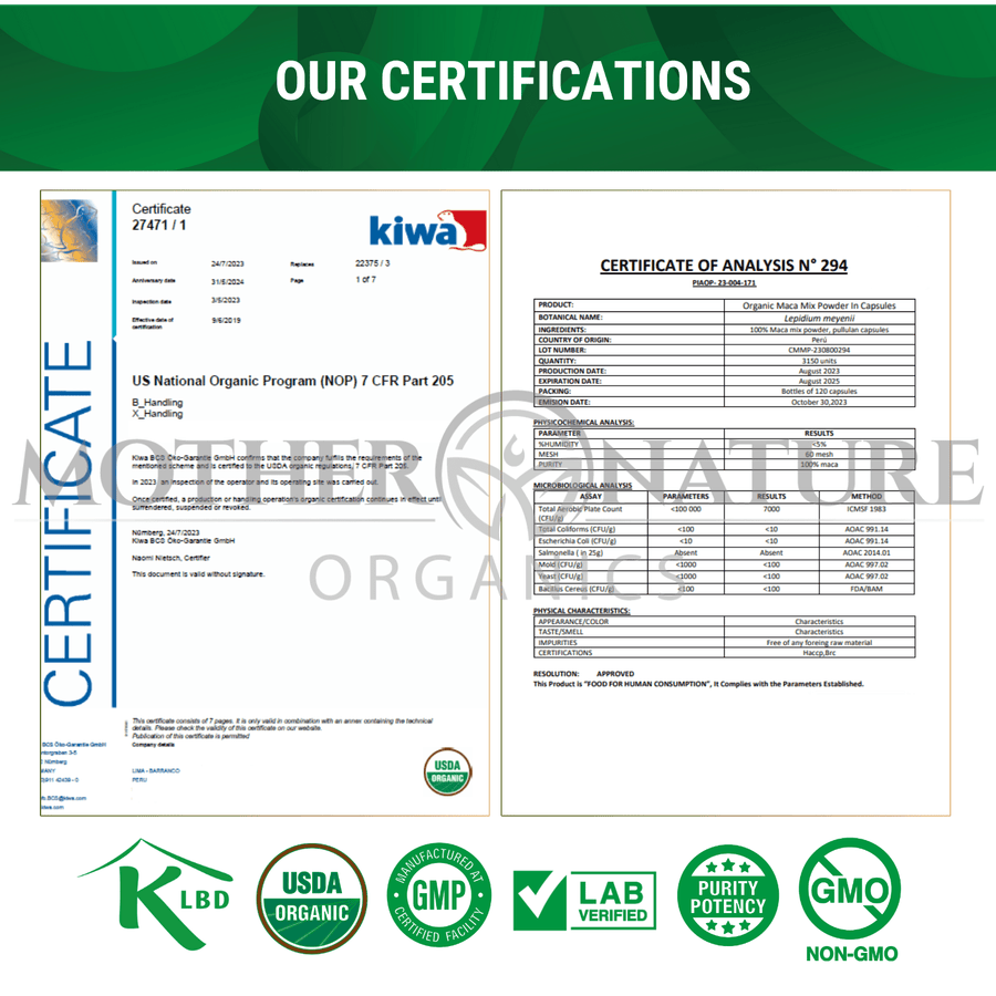 USDA Organic, GMP and lab certificates for Mother Nature Organics Maca Root Capsules