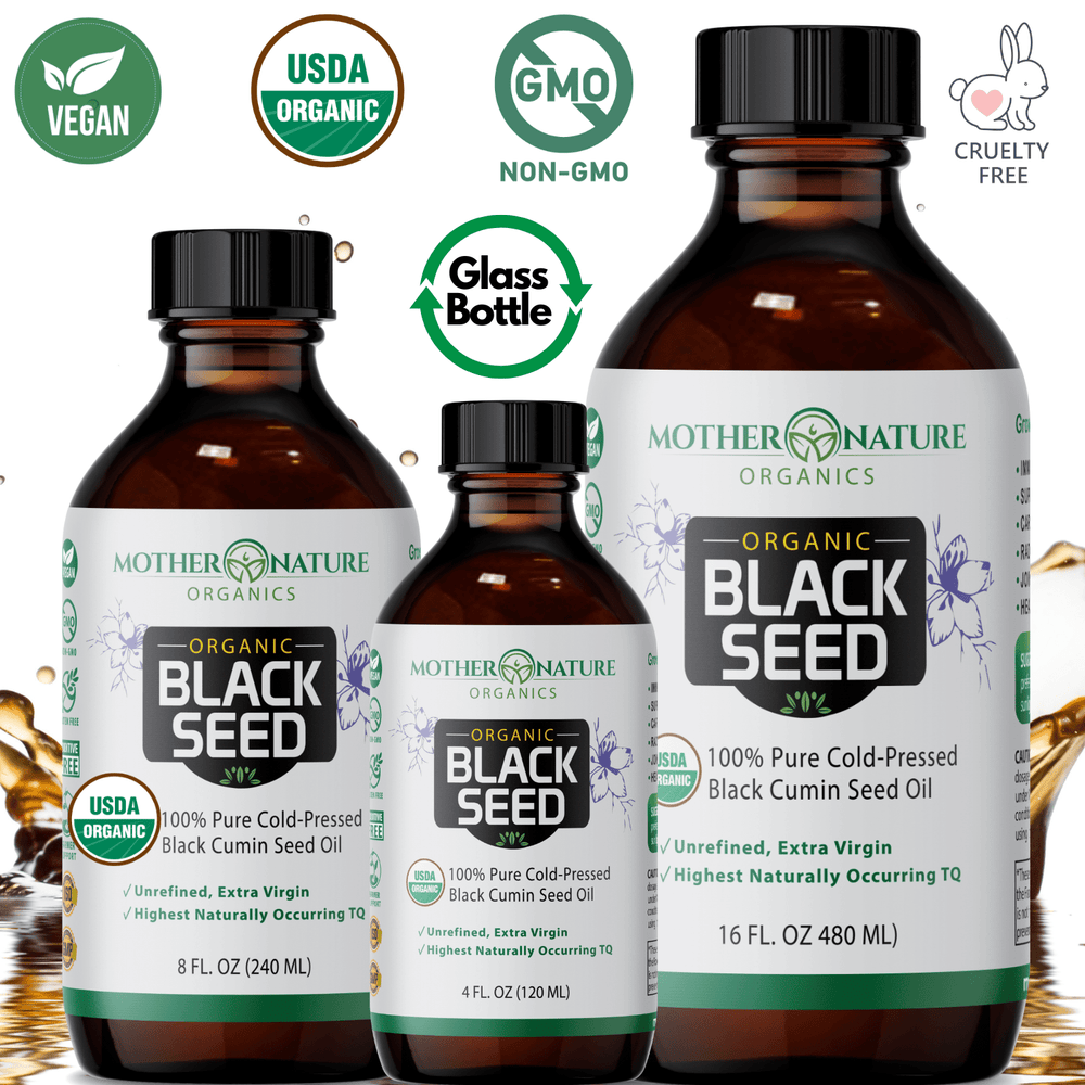 Organic Black Seed Oil Cold Pressed product hero — amber bottle liquid black cumin seed oil